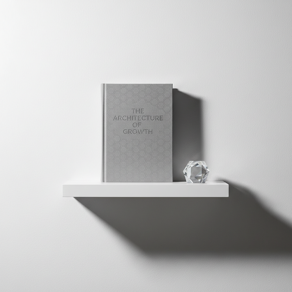 A single, elegantly designed book titled with a subtle, abstract phrase about self-improvement stands upright on a floating white shelf, its cover in muted stone-gray with a delicate geometric pattern debossed in soft silver. Beside it, a small, clear glass paperweight rests precisely, adding a touch of reflective texture. The wall behind is smooth and off-white, with sharp, clean shadows cast by focused, cool studio lighting from above, creating a refined contrast. The composition uses ample negative space and strict alignment, photographed straight-on at eye level for maximum symmetry. The mood is calm, authoritative, and corporate, emphasizing clarity of thought and precision, rendered in crisp, photographic realism with a minimalist, gallery-like aesthetic.