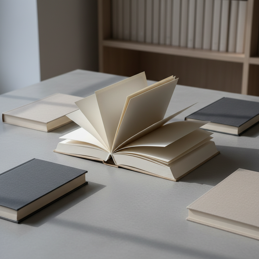 An open hardcover book with creamy, unmarked pages lies perfectly centered on a sleek concrete tabletop, its spine straight and pages fanning in a precise arc. Around it, a few closed, monochrome books in cool beige and charcoal form a deliberate, geometric arrangement. A large window outside the frame casts soft overcast light, producing refined, linear shadows that echo the table’s clean lines. The background shows a blurred, minimalist bookcase with neatly aligned volumes in neutral hues. Captured from a slightly elevated angle with a moderate depth of field, the scene feels contemplative and orderly, embodying photographic realism, a structured layout, and a professional atmosphere ideal for a reflective publishing brand.